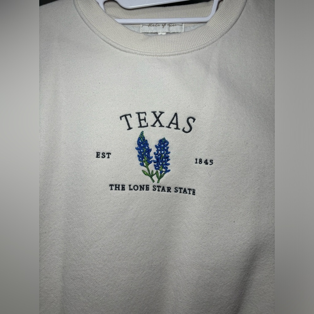 State of Mind Cream Sweater with Blue Embroidery